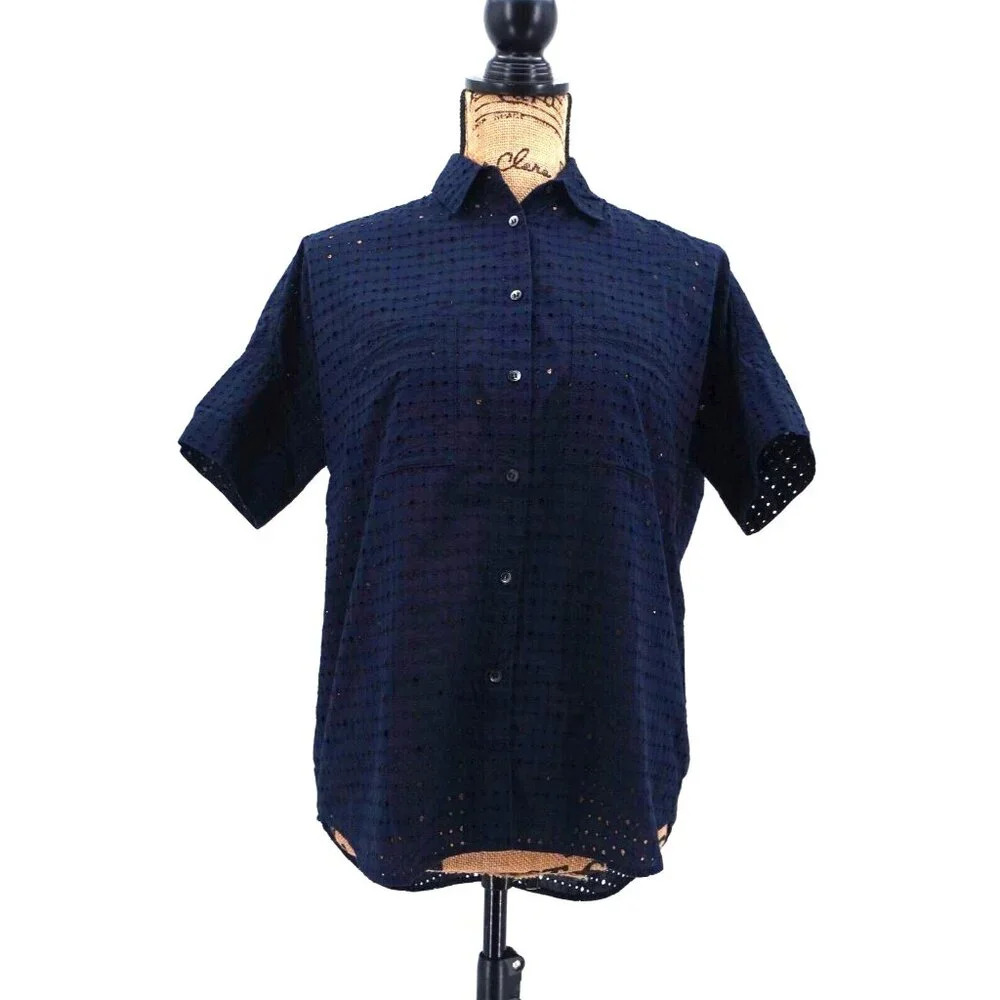 Madewell Women Top XXS Blue Eyelet Lace Sleeve Button Short Sleeve Shirt‎